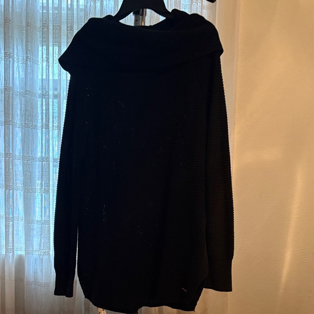 Michael Kors Black Cowl Neck Waffle Knit Tunic Sweater